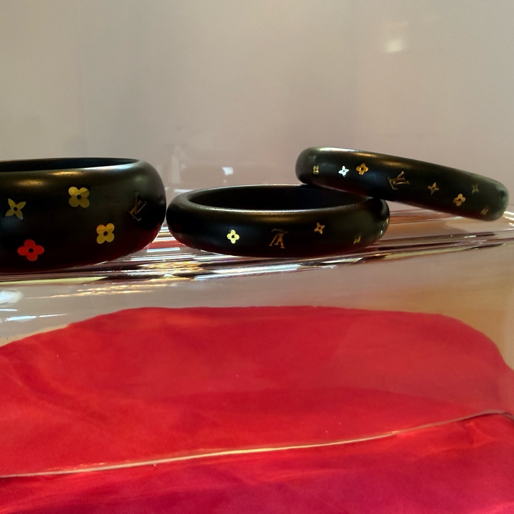 Louis Vuitton Black Wood Bangle Set with Gold Monogram Accents